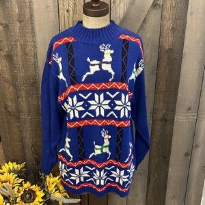 Vintage Reindeer Ugly Christmas Sweater | Blue Holiday Knit | Size M